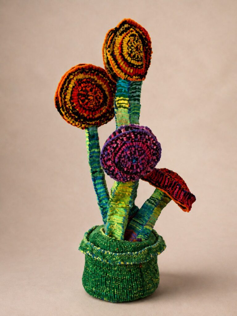 Three spiral flowers in a green woven pot. Pipe cleaner sculpture by Ted Fullwood