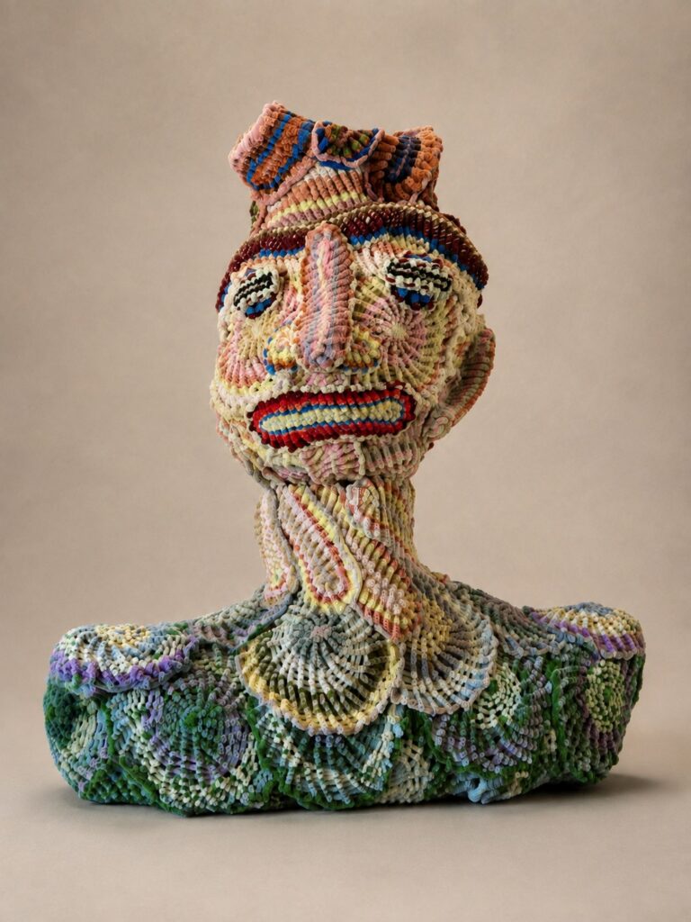 Bust of a face with a striped cap and scalloped shoulders. Pipe cleaner sculpture by Ted Fullwood