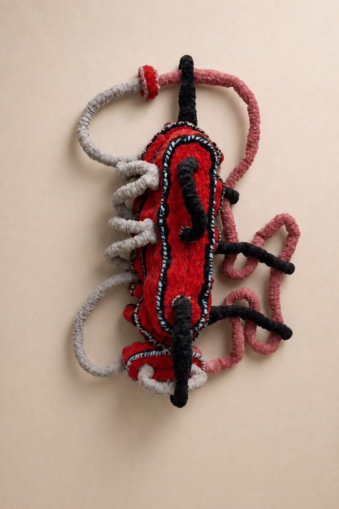 Red and black wall piece with looping gray coils. Pipe cleaner sculpture by Ted Fullwood