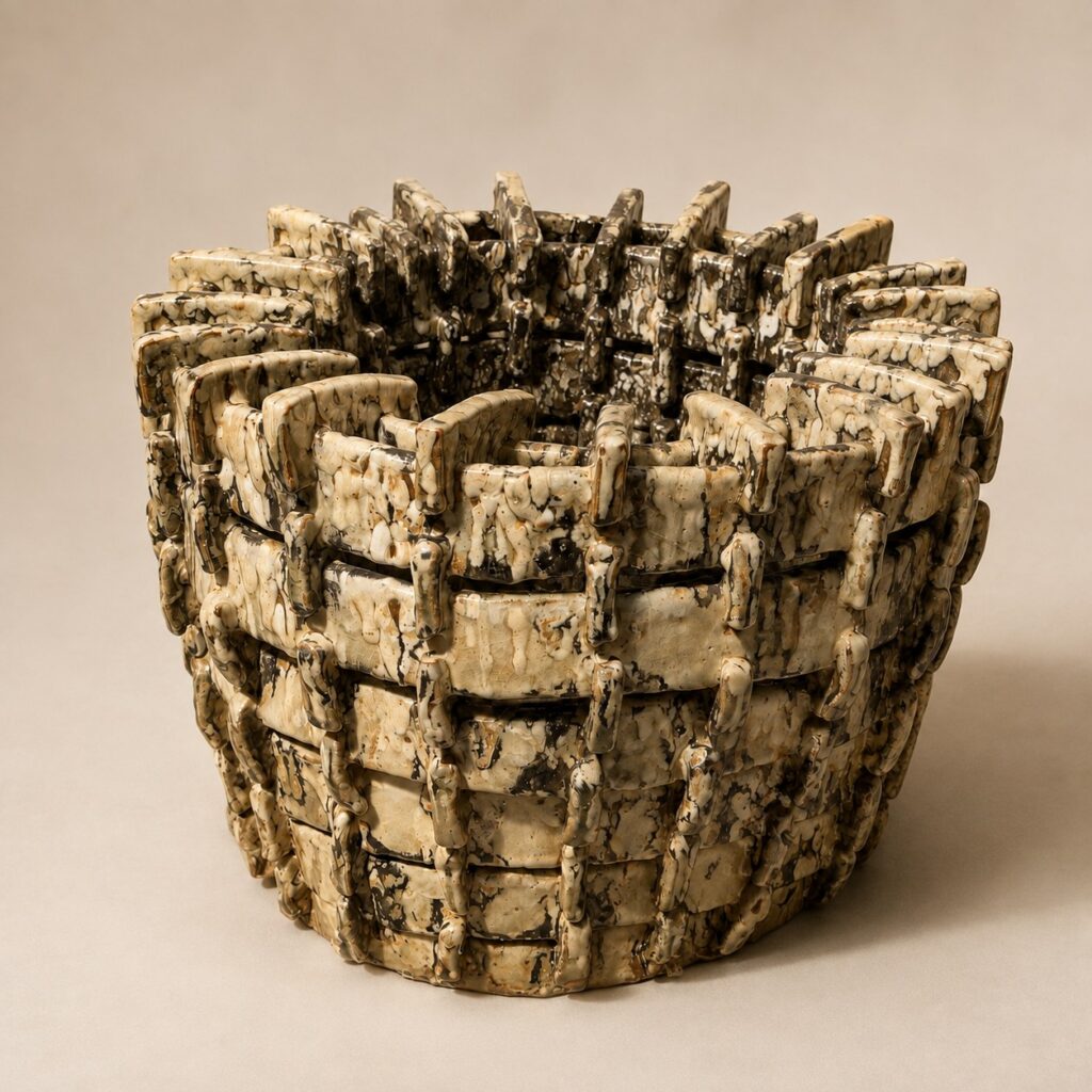 Large woven basket vessel. Ceramic sculpture by Ted Fullwood