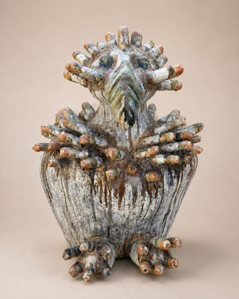 Creature with tentacled arms and feet. Ceramic sculpture by Ted Fullwood