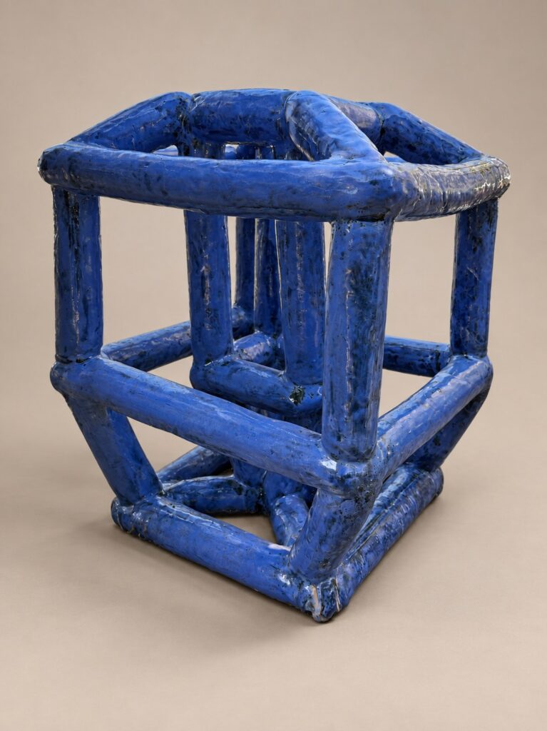 Cobalt blue open cube lattice. Ceramic sculpture by Ted Fullwood