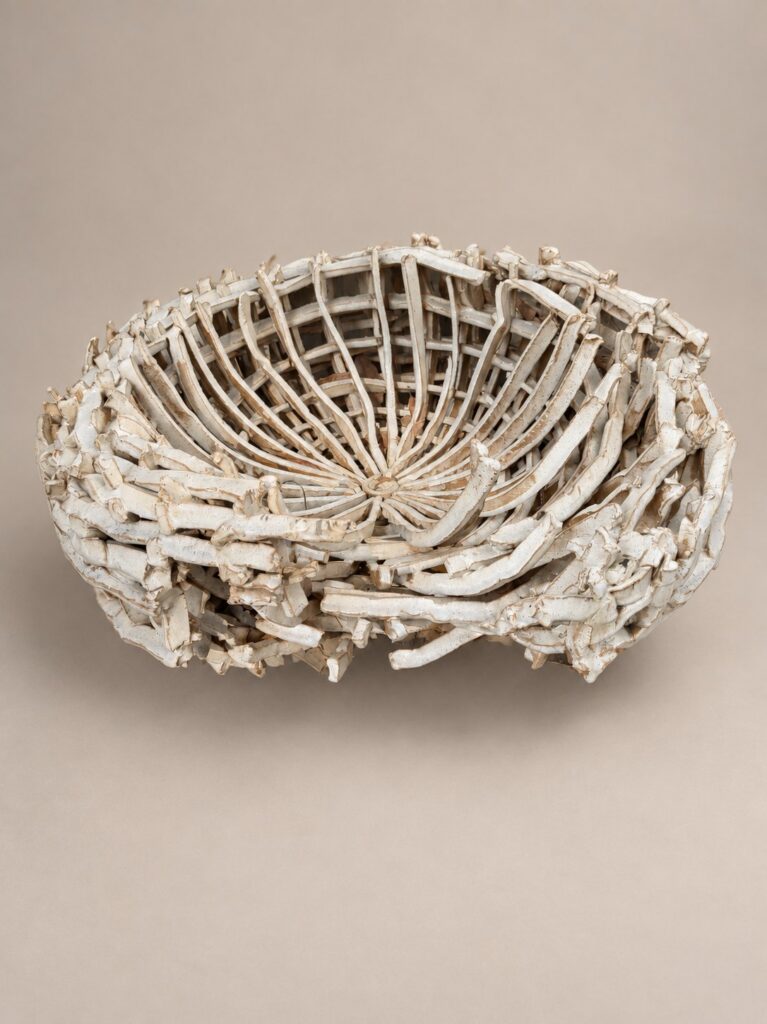 White woven nest bowl. Ceramic sculpture by Ted Fullwood