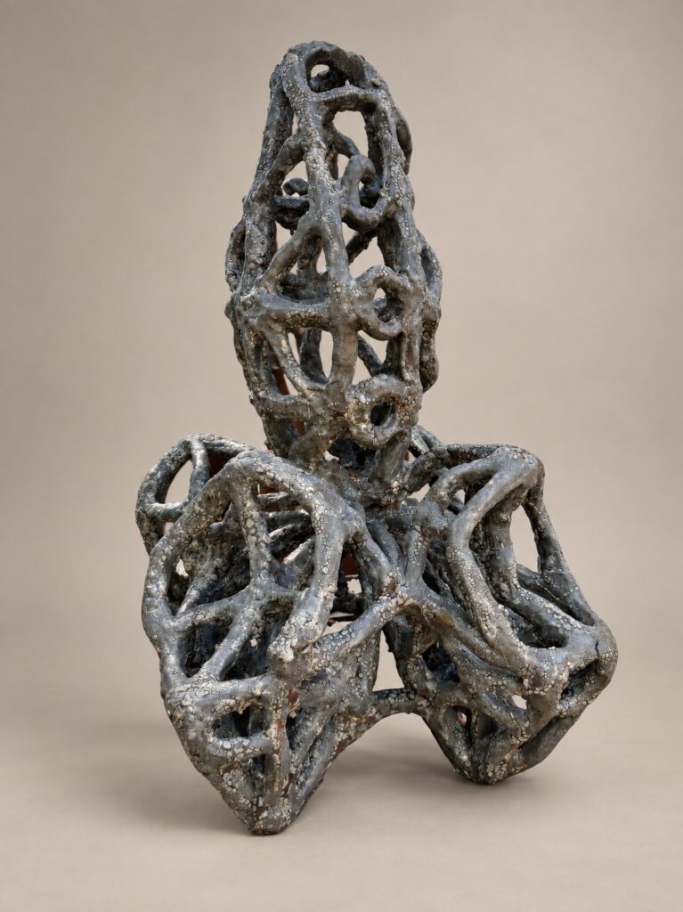 Dark lattice knot form. Ceramic sculpture by Ted Fullwood